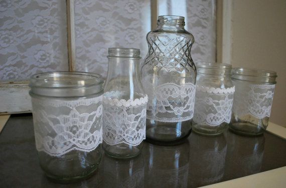Wedding - 5 Lace Jars For A Romantic Wedding Or Bridal Shower. Simply Elegant Home Decor