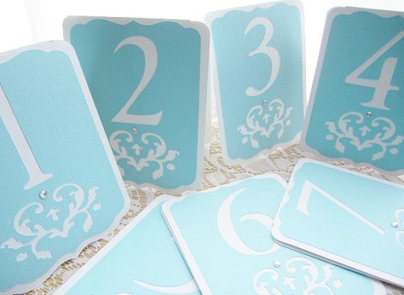 Hochzeit - Freistehende doppelseitige Hochzeits-Tabellen-Zahlen Tiffany In Blau Und Weiß - Damast-Ausschnitt - wählen Sie Ihre Farben