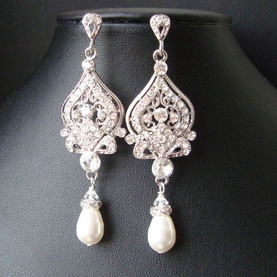 Wedding - Victorian Style Bridal Earrings, White Ivory Pearl And Rhinestone Chandelier Wedding Earrings, Hollywood Glamour Bridal Jewelry, JACQUELINE