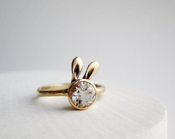 Wedding - Golden Bunny Ring, 14K Yellow Gold And White Topaz