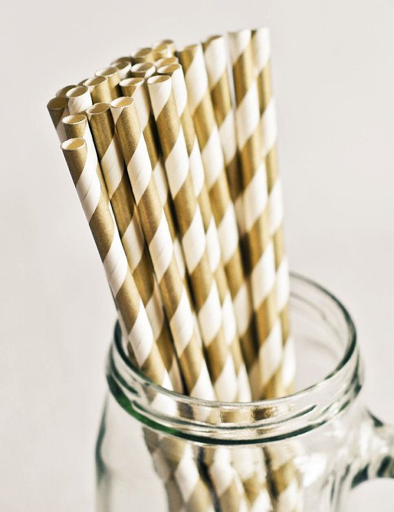 Wedding - Paper Straws In Metallic Gold & White Stripes - Set Of 25 - Sparkle Shimmer Pretty Wedding Winter Birthday Party Shower Accessories Decor