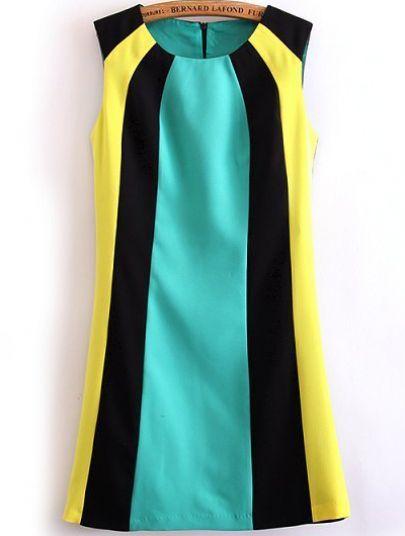 Wedding - Black Green Yellow Sleeveless Straight Dress - Sheinside.com