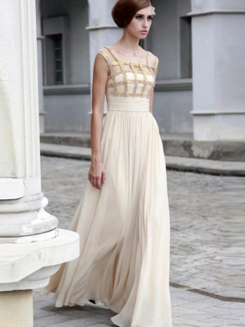 زفاف - A-line Scoop Rhinestone Sleeveless Floor-length Chiffon Prom Dresses