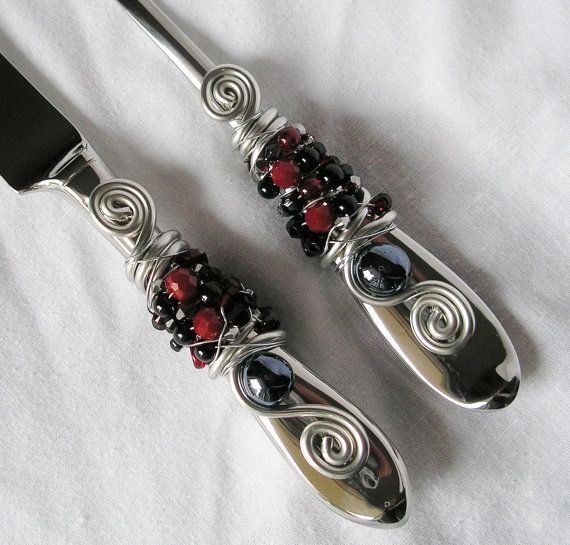 Wedding - BEADED Wedding Cake Server And Knife Serving Set With Red & Black Glass Beads, Swarovski Crystal And Pearls
