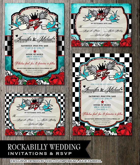 Hochzeit - Rockabilly Hochzeits-Einladungen, uAwg, Register-Karte - Digitale Druckdateien-Checkered Distressed Retro Blau Vintage-Elemente