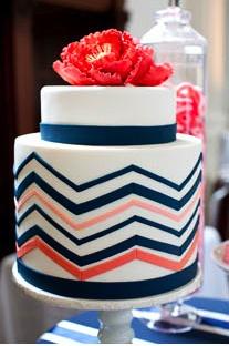 Wedding - Coral And Navy Chevron Cake 