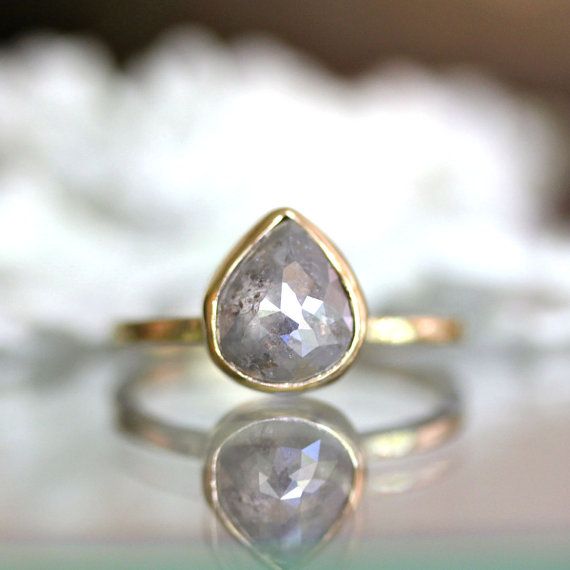 Wedding - Teardrop White Gray Diamond In 14K Yellow Gold Engagement Ring - Ready To Ship