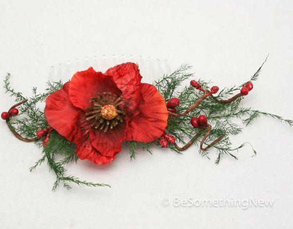 Mariage - Fleur de fête rouge et séché Fern Peigne accessoire de mode mariage Peigne