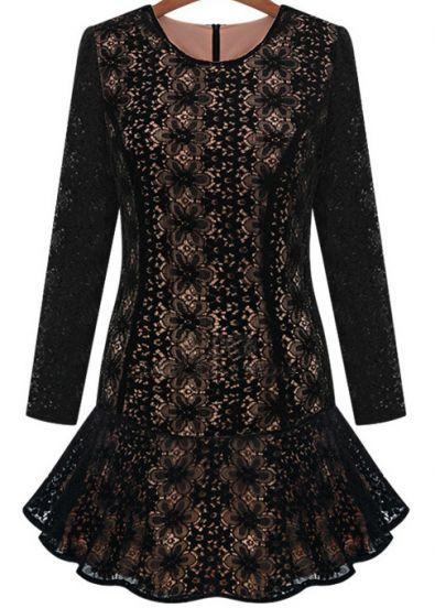 Wedding - Black Long Sleeve Hollow Lace Ruffle Dress - Sheinside.com