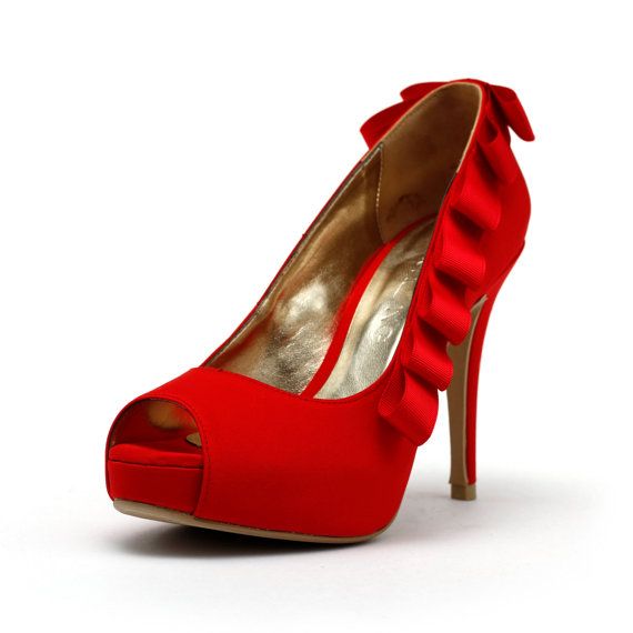 Wedding - Red Wedding Shoes, Red Ribbon Bridal Heels, Red Bridal Peep Toe Pumps, Red Ribbon Heels, Red Wedding Shoes.