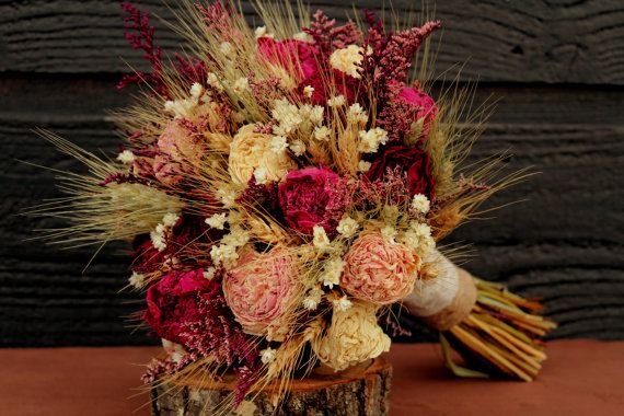 Wedding - Rustic Burgundy And Pink Wedding Bouquet, Large Bridal Bouquet, Rustic Chic Bouquet, Dried Flowers, Peony Bouquet With Wheat & Wild Flowers