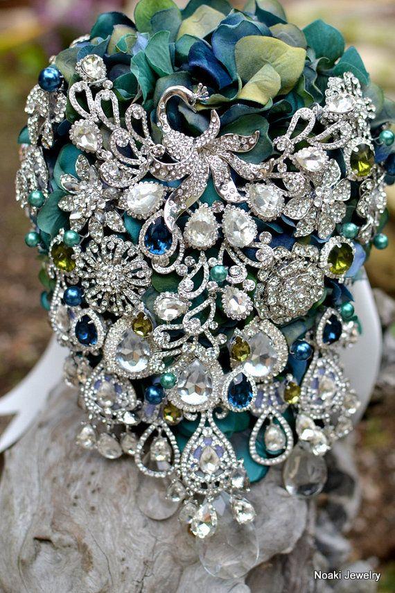 Wedding - Vintage Inspired Teal And Blue Peacock Brooch Bouquet -- Deposit On A Peacock Cascading Bridal Brooch Bouquet