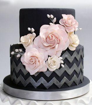 Wedding - Dark Gray Chevron Cake With Roses 
