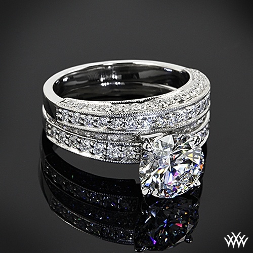زفاف - 18k الذهب الأبيض مع رئيس البلاتين "ثلاثة الجانبية تمهيد" الماس خاتم الخطوبة وخاتم الزواج