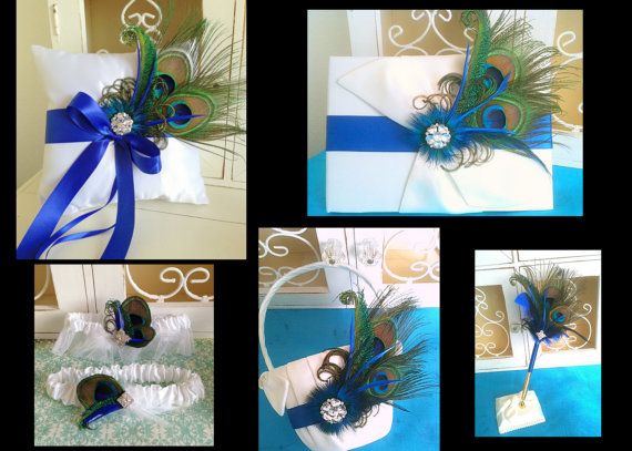 Wedding - Customize This Peacock Wedding Package-Peacock Pillow-Flower Girl-Basket-Guest Book-Pen-Pen And Garter Set