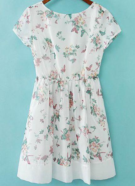 Wedding - White Short Sleeve Floral Butterfly Print Dress - Sheinside.com