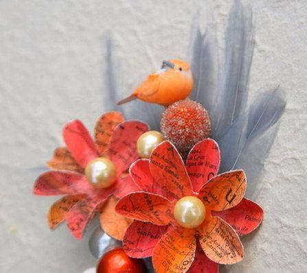 Wedding - Sunset Orange Boutonniere, Map Page Flowers And Love Bird Accent
