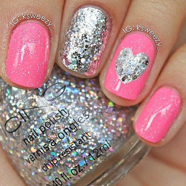 Wedding - Cute Pink And Sparkley W/ Heart Nails 