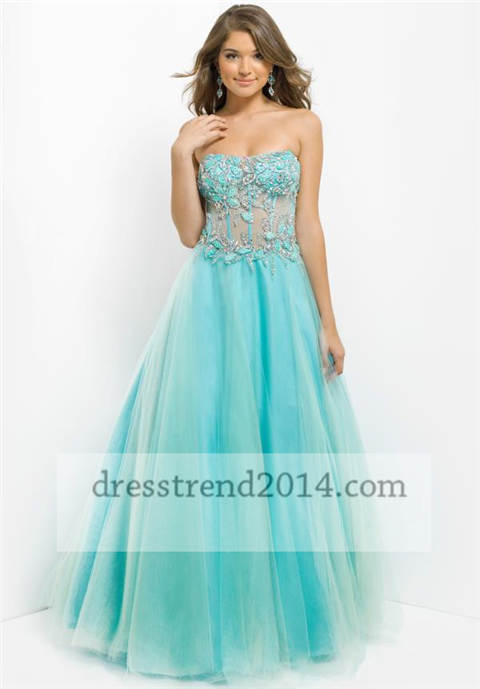 زفاف - Blue Beaded Floral Corset Ball Gown Prom Dress