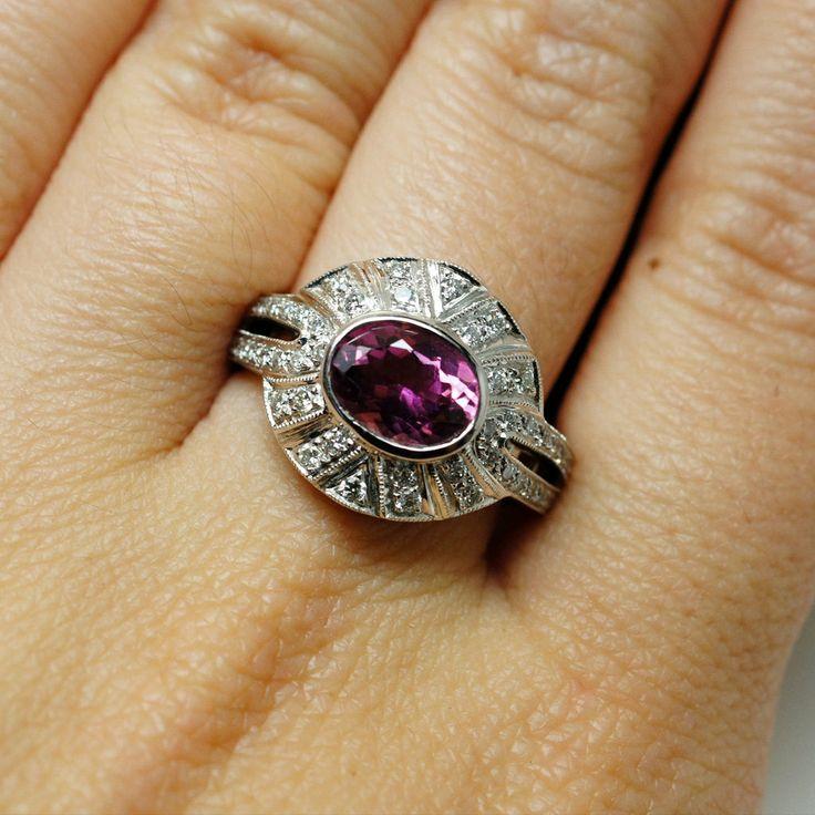 Wedding - Vintage Art Deco Style Diamond Tourmaline Cocktail Engagement Ring Ring With 14k White Gold - Size 6.25 - Free Resizing - Layaway Options