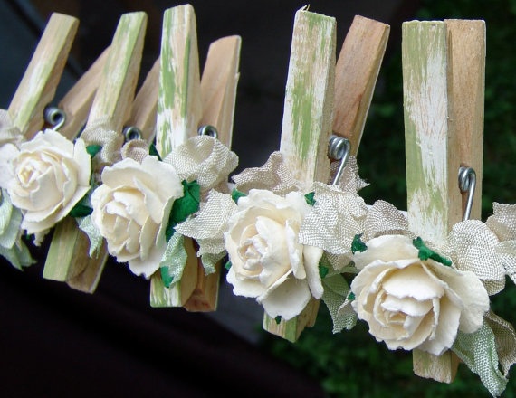 Wedding - French Shabby Chic Cottage Decorated Clothes Pins Decorated Clothes Pegs Set Of 7 Pins With Handmade Flowers Paper Flower