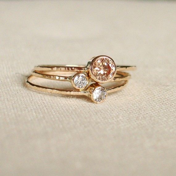 Wedding - Choose Three Stones For Your Sparkling Threads Of Gold - Set Of Three Tiny Stack Rings With 14k Gold Set Faceted Stones - Delicate