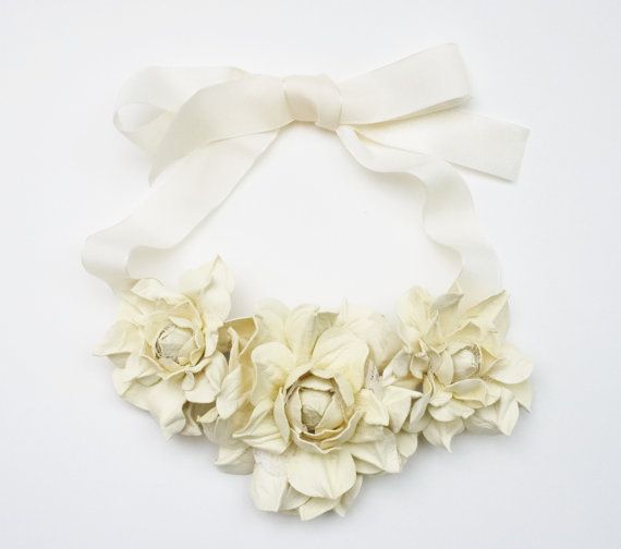 Wedding - Ivory Leather Floral Bib Necklace - Made To Order
