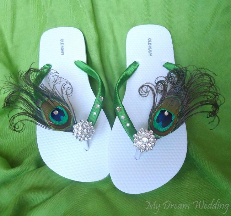 Wedding - Green Peacock Feather Flip Flops With Swarovski Crystals ,Emerald Green Flip Flops -TROPICAL WEDDING