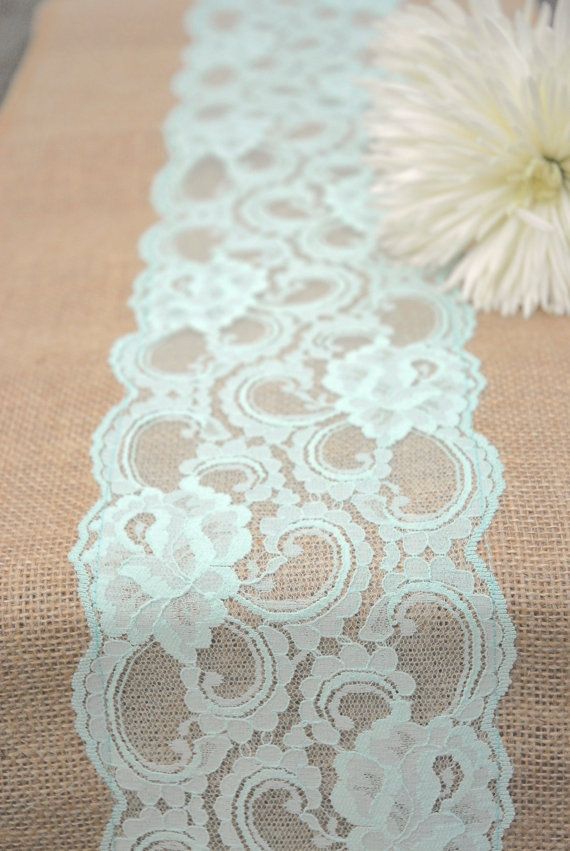 Wedding - Vintage Antique Mint, Peppermint, Pastel Spring Wedding Lace Burlap Runner 12"x108". Country, Shabby Chic, Vintage, Or Rustic Wedding