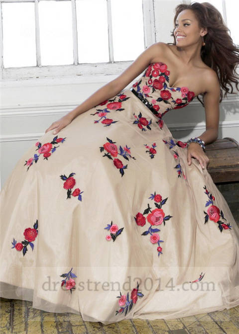 زفاف - 2014 Nude Red Floral Embroidery Ball Gown Prom Dress