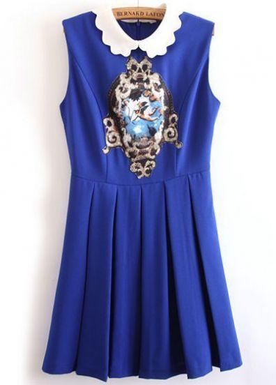Wedding - Blue Sleeveless Vintage Floral Pleated Chiffon Dress - Sheinside.com