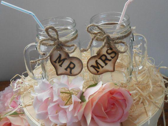 Wedding - SALE Mason Jar Wedding Glasses / Mr. And Mrs. Toasting Glasses / Rustic Wedding Table Settings