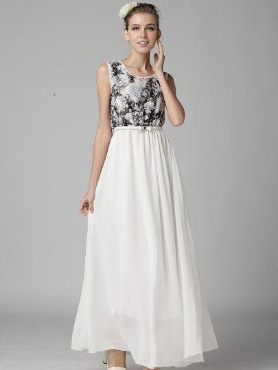 Hochzeit - Weiß ärmellose Blumenspitze Ganzkörperkleid - Sheinside.com