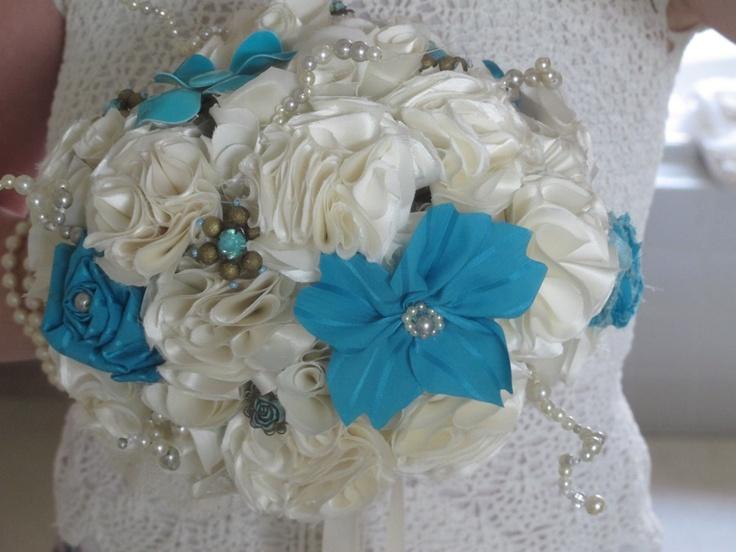 Wedding - Bride And Bridesmaid Bouquets/Boutonnieres Set: Ivory, Tiffany Blue/aqua Fabric Flowers