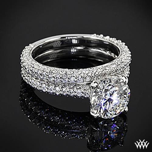 Wedding - 18k White Gold "Elena Rounded Pave" Diamond Engagement Ring And Wedding Ring