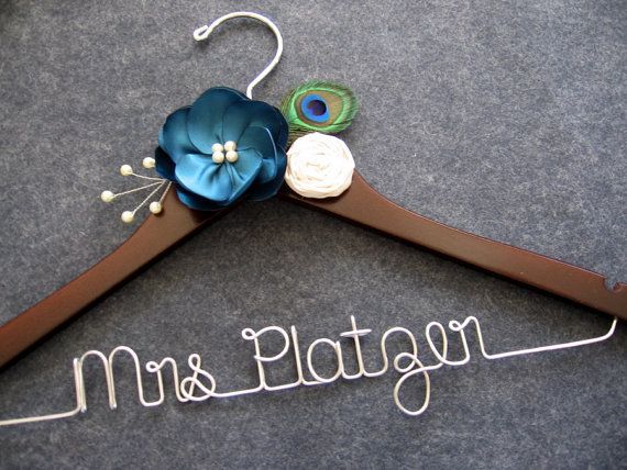 Wedding - RUSH ORDER - Peacock Wedding Hanger With Teal Flowers, Wedding Dress Hanger With Satin Roses And Pearls, Peacock Wedding, Mrs Name Hanger