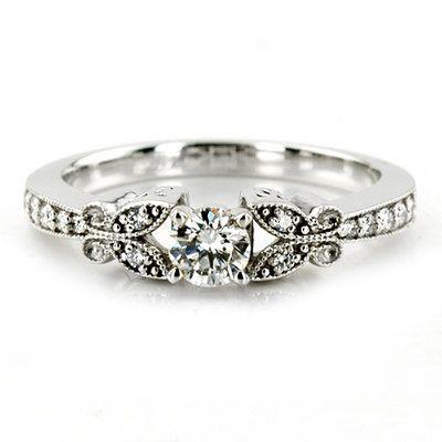 Mariage - 1.00ct diamant Vintage bague de fiançailles Antique style unique Milgrain bande en or blanc 14K