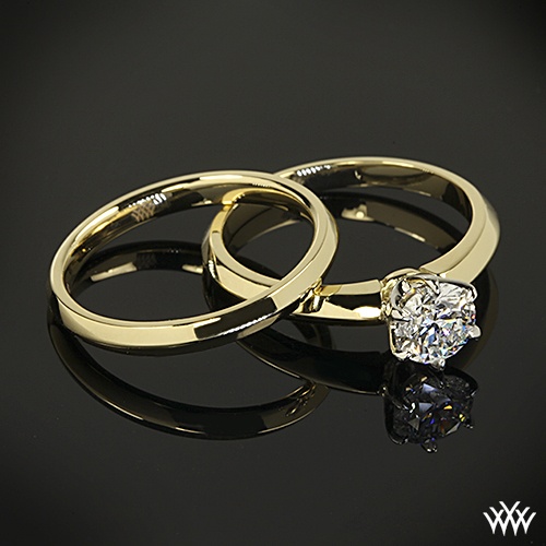 زفاف - 18k الذهب الأصفر مع رئيس البلاتين "الكلاسيكية سكين الحافة" سوليتير خاتم الخطوبة و14k الذهب الأصفر خاتم الزواج