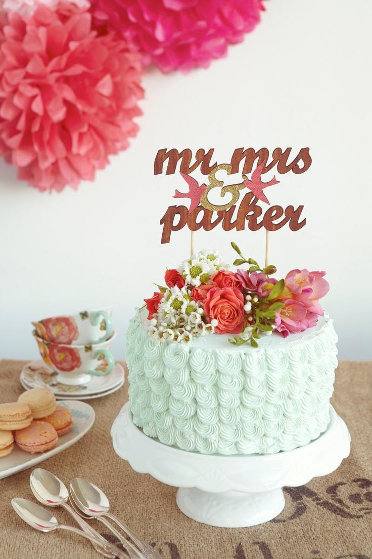 Mariage - Mariage personnalisé lunatique gâteau Topper avec le parti rose d'oiseaux d'amour