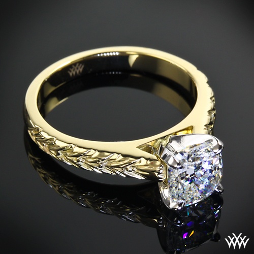 Wedding - 18k Yellow Gold With Platinum Head "Engraved Cathedral" Solitaire Engagement Ring