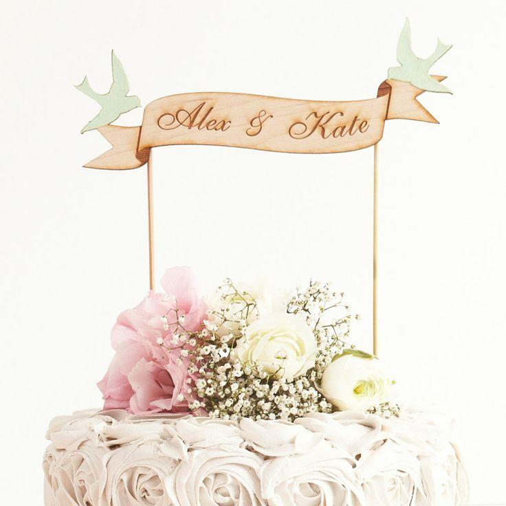Wedding - Custom Banner Wedding Cake Topper In Birch Mint Love Birds