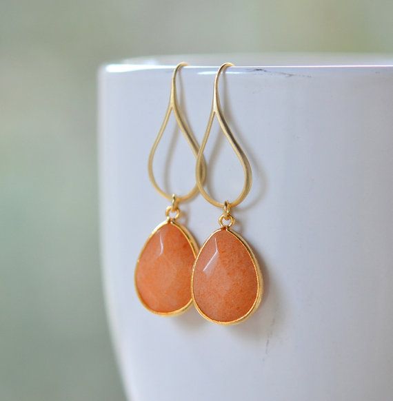 Wedding - Orange Teardrop Dangle Earrings. Orange Drop Earrings. Large Gold Dangle Earrings. Holiday Jewelry. Gift For Her. Jewelry Present