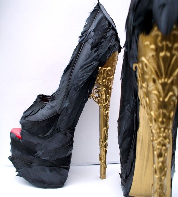 Wedding - Feather Black Pumps W/ Gold Brocade Heel - Any Size - Alexander McQueen Tribute