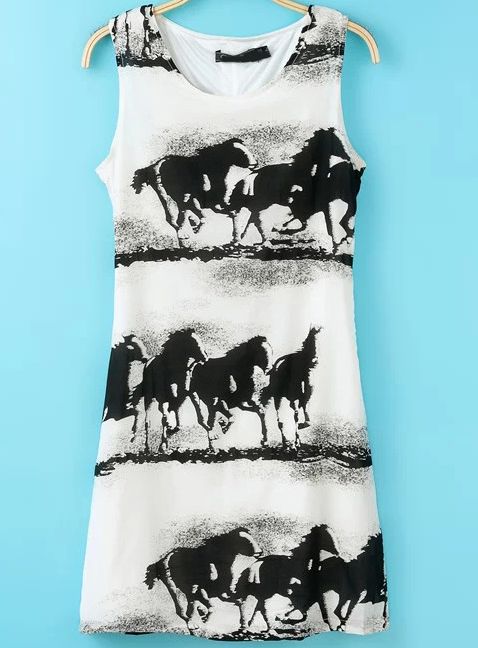 زفاف - جولة الرقبة أكمام بيضاء الخيول طباعة فستان الشمس - Sheinside.com