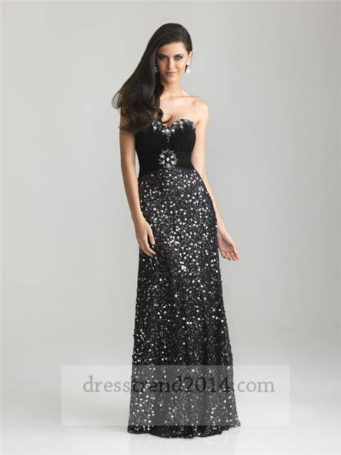 Wedding - Black Sequined Ruched Long Prom Dress 2014
