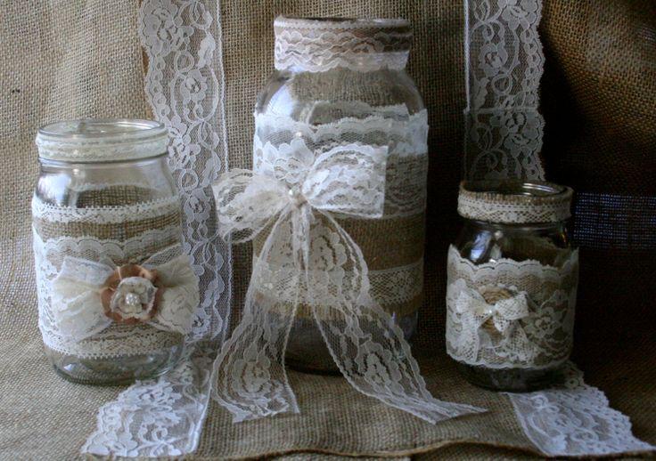 Wedding - VINTAGE Lace Wedding JARs, Burlap Wedding Centerpieces, Rustic Farm House, Shabby Chic, Country Wedding