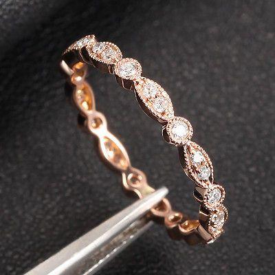Wedding - Details About Art Deco Antique Style .32ct Diamond Milgrain 14K Rose Gold Wedding Band Ring