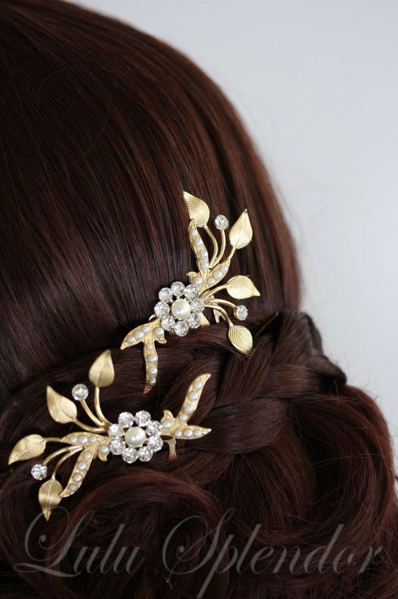 Wedding - Wedding Hair Comb Set Matt Gold Leaves Bridal Hair Accessory Comb Pair ASHER COMB SET
