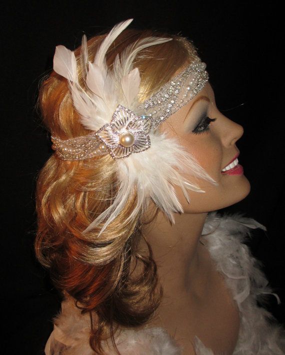 Wedding - GATSBY GLITZ - Stunning Flapper Headband In Crystals, Pearls & White Feathers For Wedding Or Gatsby Party