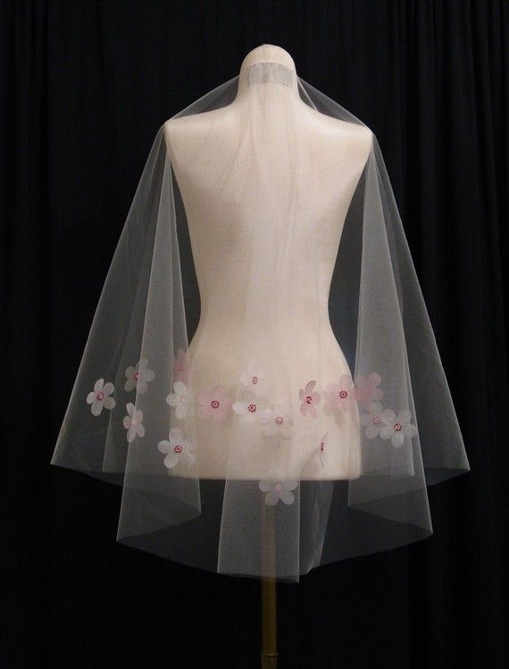 Wedding - Elbow Length Ivory Wedding Veil With Pink Cherry Blossom Flowers - RESERVED FOR RUTHIE